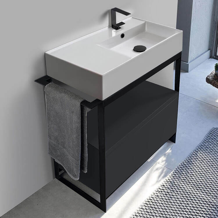 Scarabeo 5118-SOL1-49-One Hole Console Sink Vanity With Ceramic Sink and Matte Black Drawer